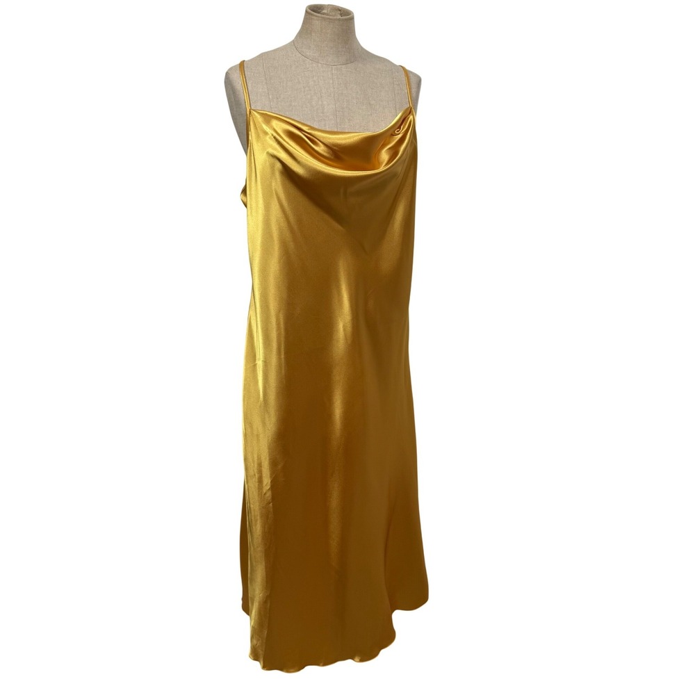 Y2K Bebe L Gold Satin Cowl Neck Slip Dress Midi Bias Strappy USA Party Glam HOCO